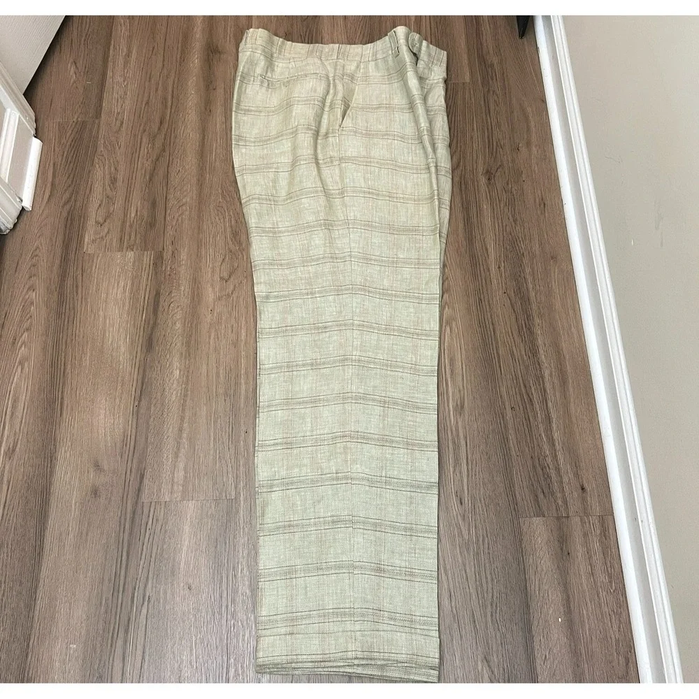Inserch 100% Linen Sage Green Windowpane Plaid Herringbone Pants Cuff 40L